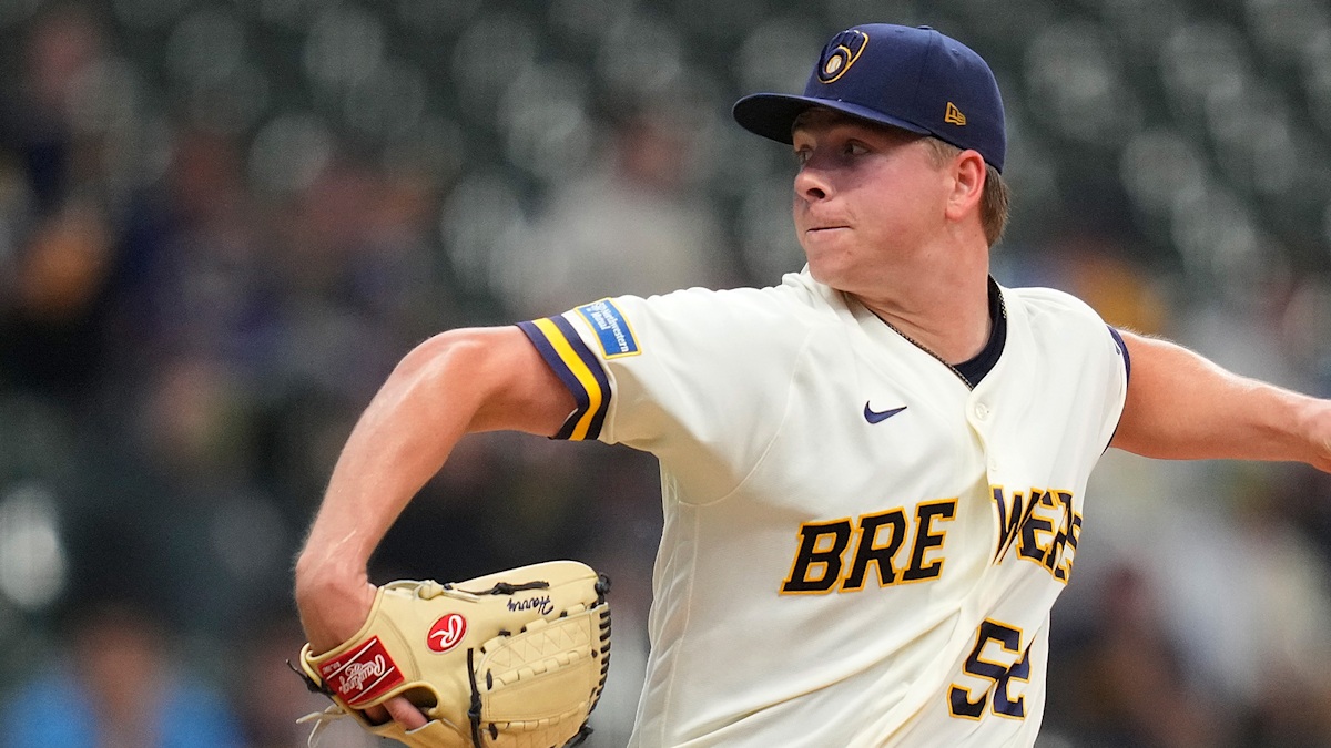 Milwaukee Brewers starting pitcher Kyle Harrison delivering a pitch in action