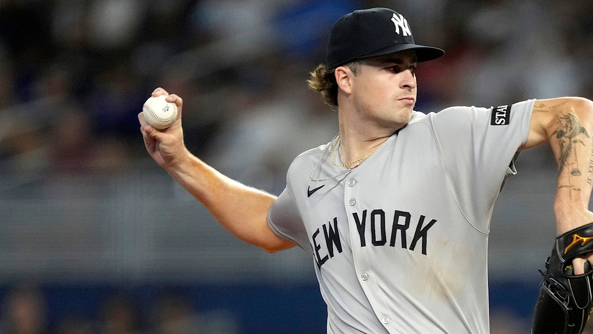 New York Yankees starting pitcher Cam Schlittler delivering a pitch in action