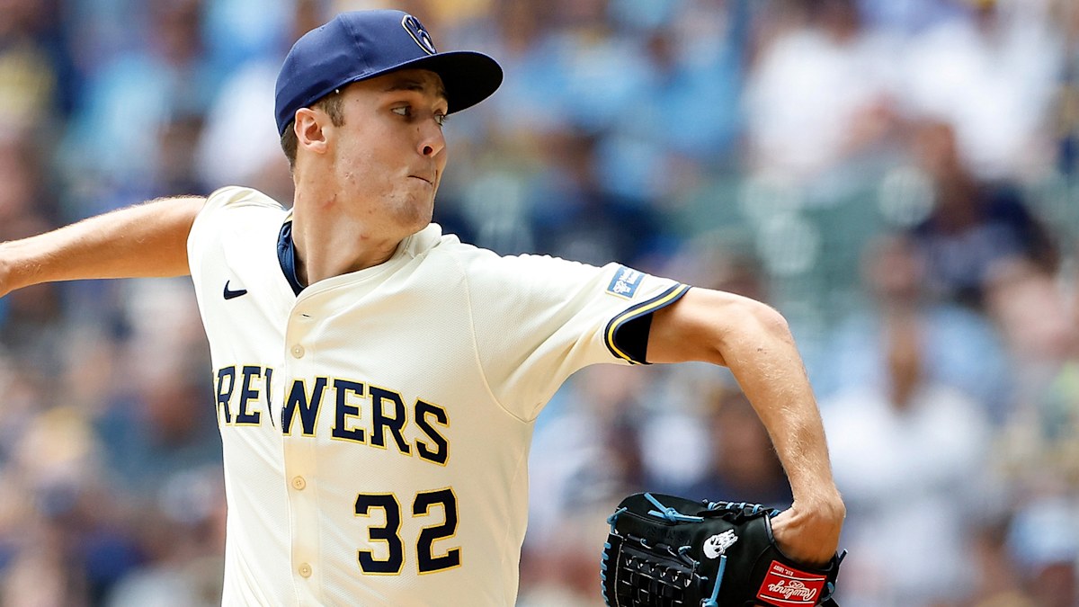 Milwaukee Brewers starting pitcher Jacob Misiorowski delivering a fastball in action