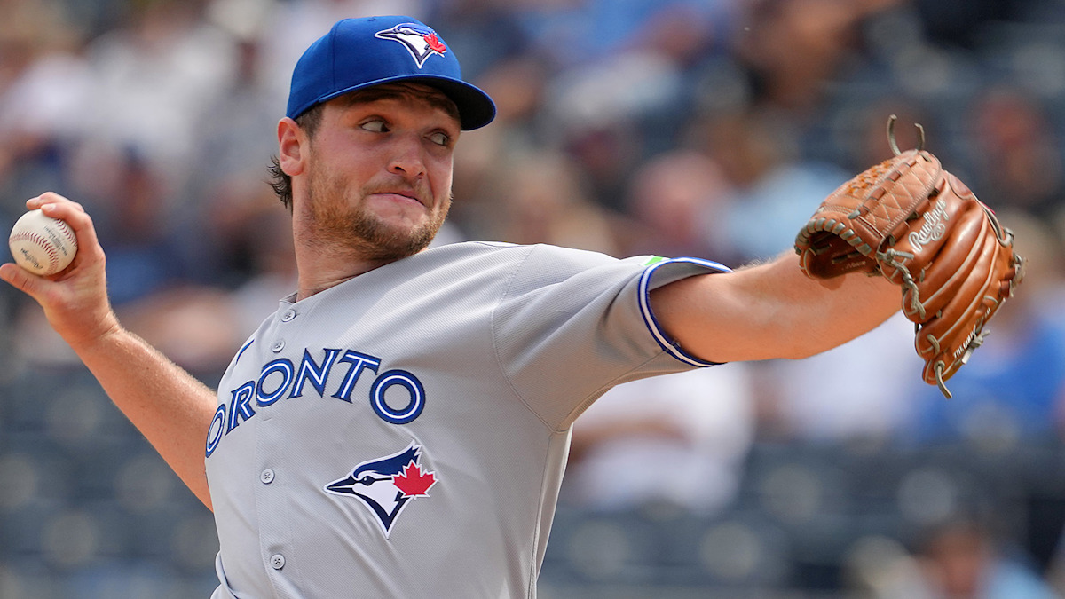 Toronto Blue Jays pitcher Trey Yesavage delivering a pitch in action