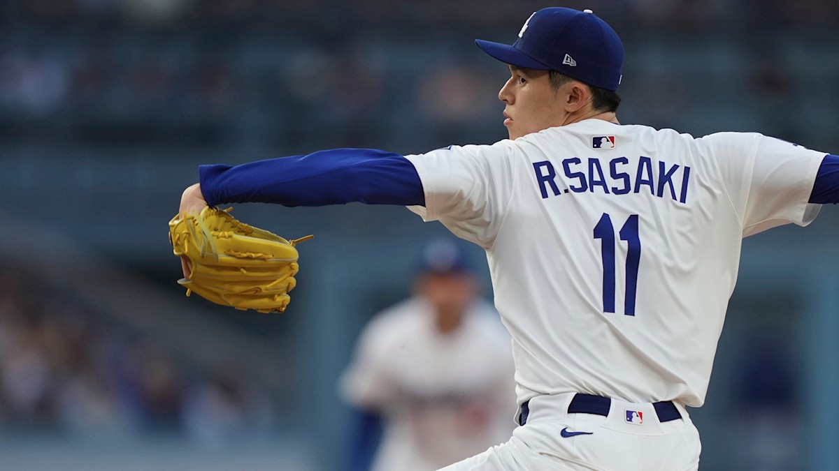 Los Angeles Dodgers right-hander Roki Sasaki delivering a pitch in action ahead of the Dodgers-Yankees under 9 on the July 17 2026 run prevention model card