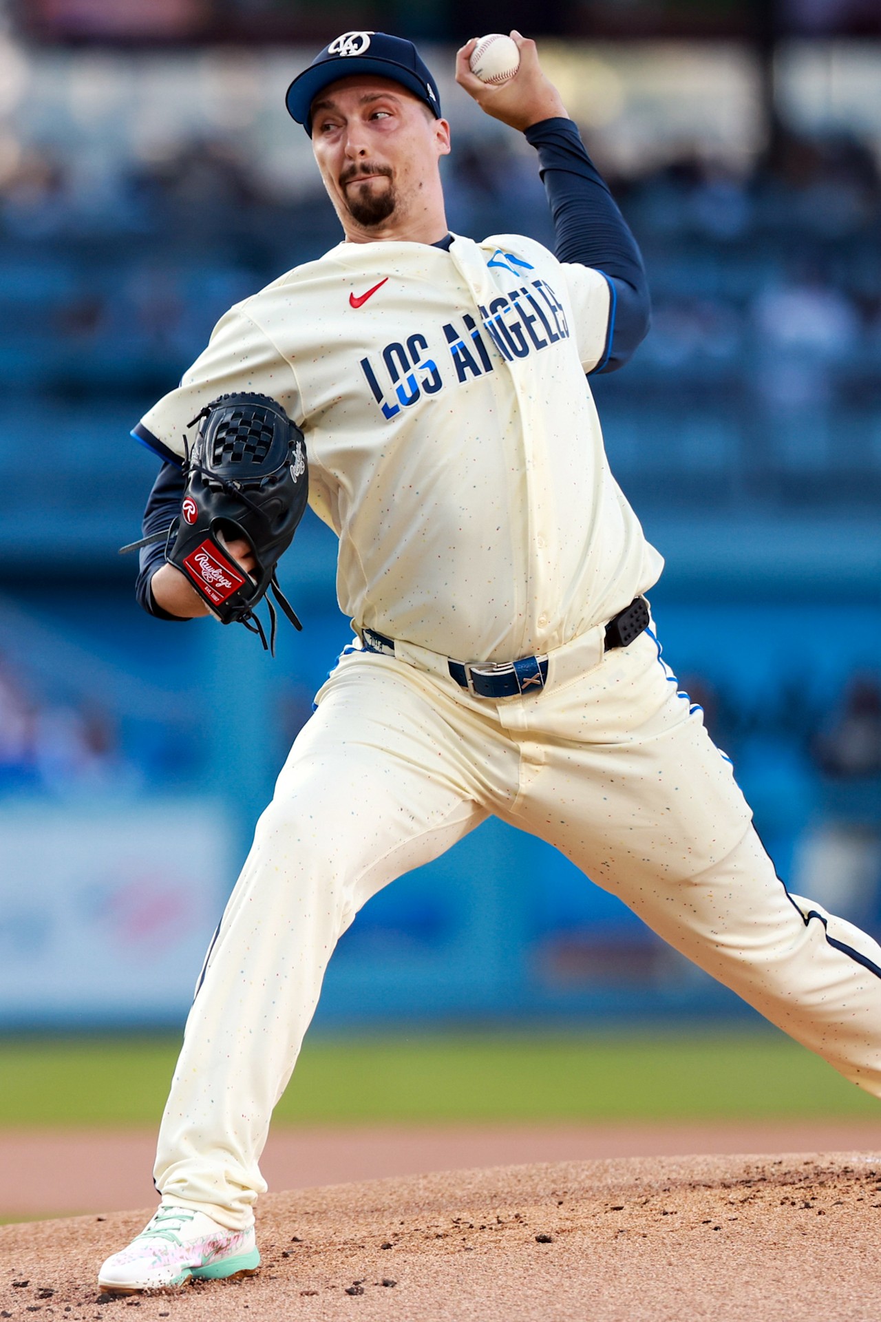 Los Angeles Dodgers left-hander Blake Snell in his delivery, making his third start of the season Monday night at Coors Field
