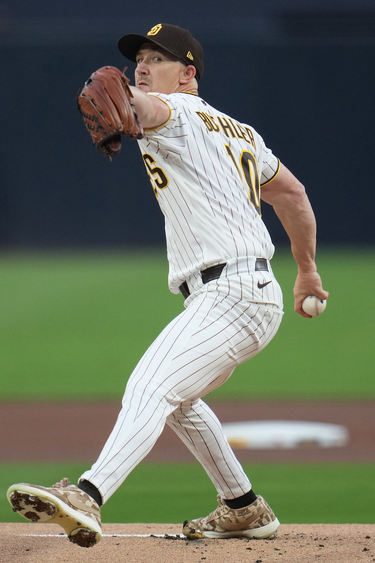 San Diego Padres right-hander Walker Buehler in his delivery, the starter carrying a 5.18 ERA into Chase Field against Arizona
