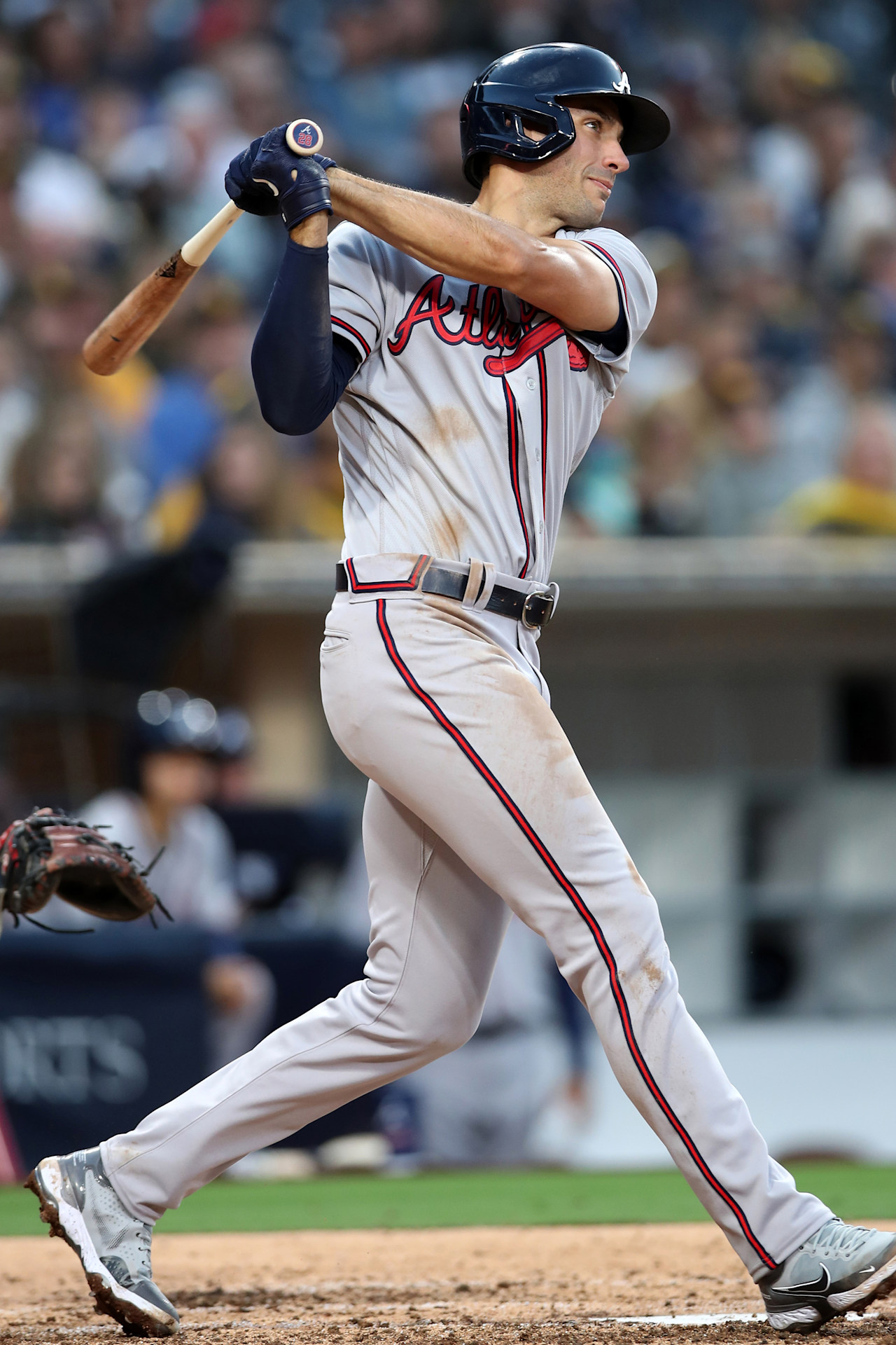 Atlanta Braves first baseman Matt Olson swinging at the plate, the Braves leader in home runs and runs batted in this season
