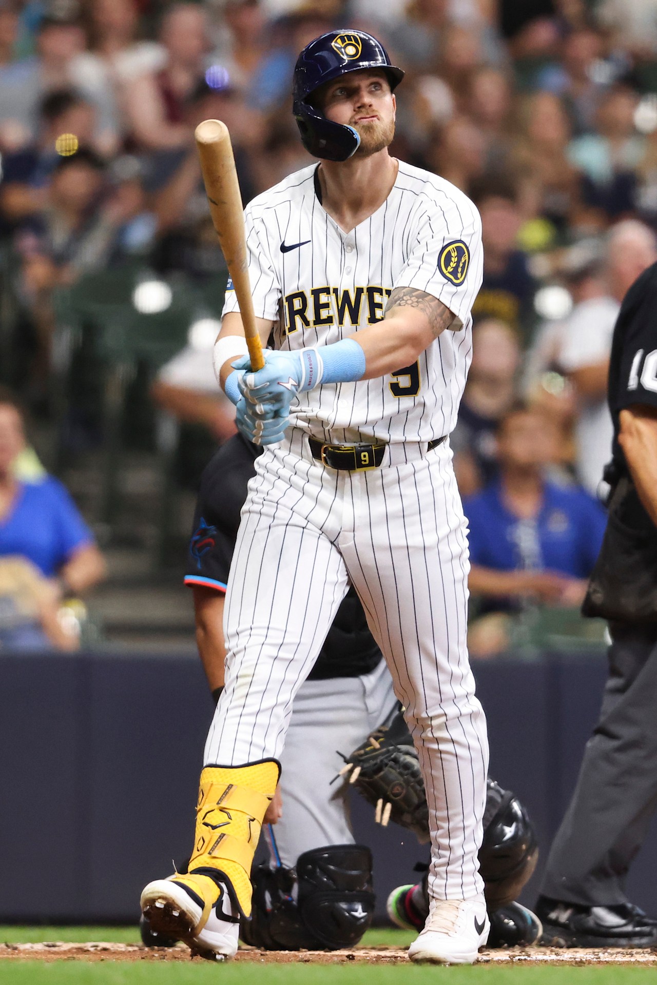 Milwaukee Brewers first baseman Jake Bauers swinging at American Family Field, where the Brewers host Minnesota on Sunday afternoon