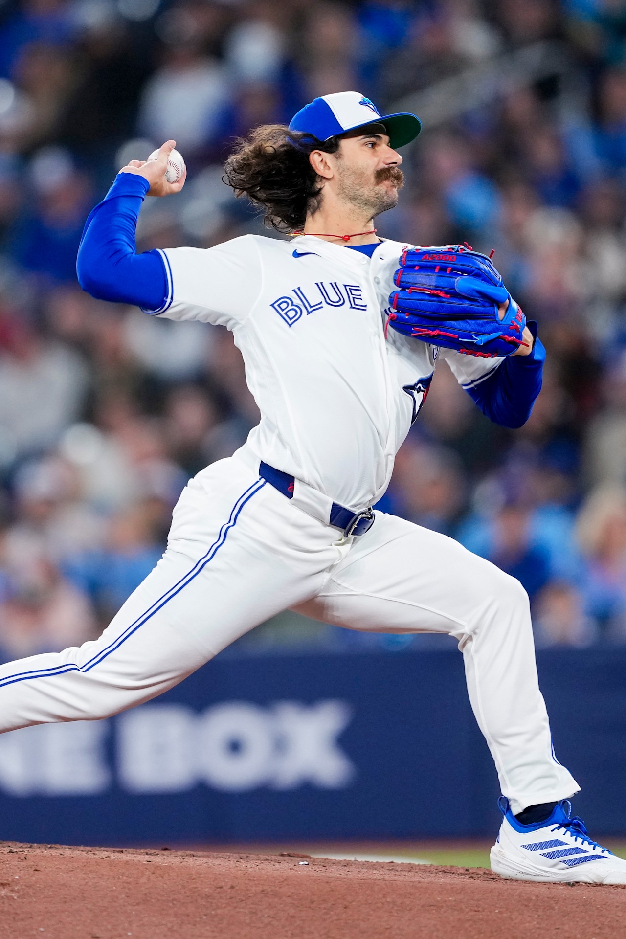 Toronto Blue Jays right-hander Dylan Cease delivering a pitch, starting against Boston at Rogers Centre