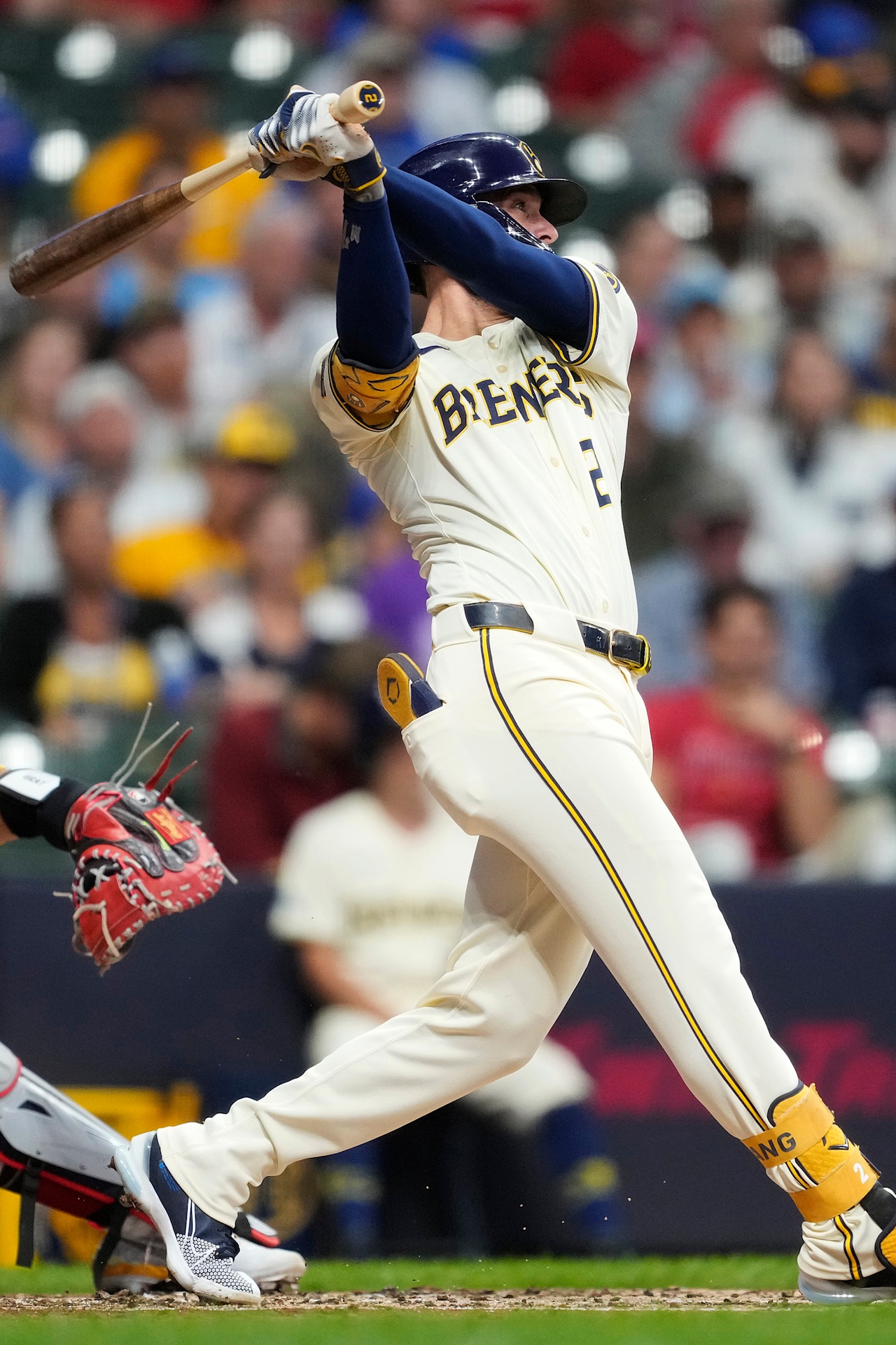 Milwaukee Brewers second baseman Brice Turang running the bases, the Brewers RBI leader in Saturday night's game at Dodger Stadium