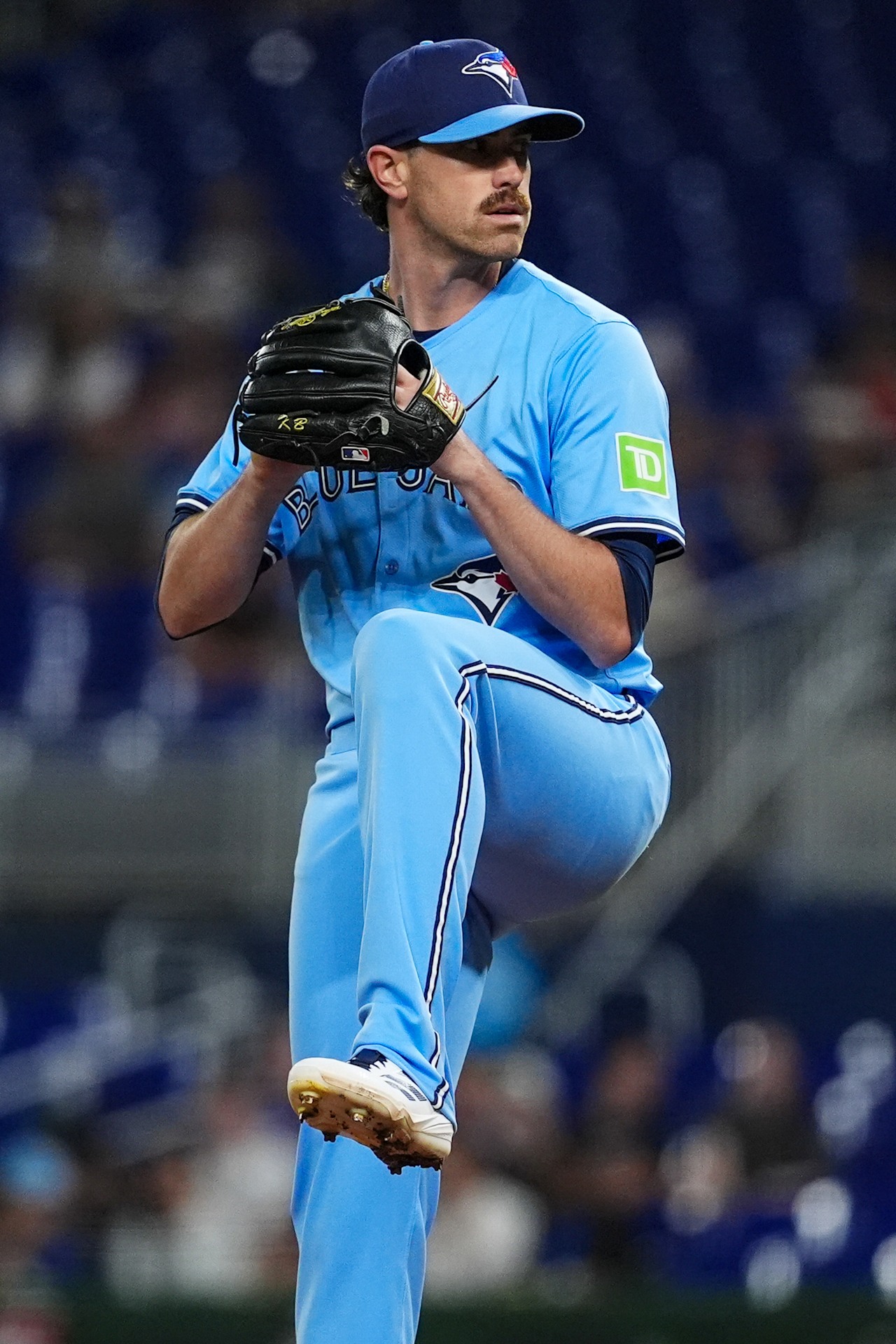 Toronto Blue Jays right-hander Shane Bieber delivering a pitch, making his eighth start of a comeback season at Citizens Bank Park