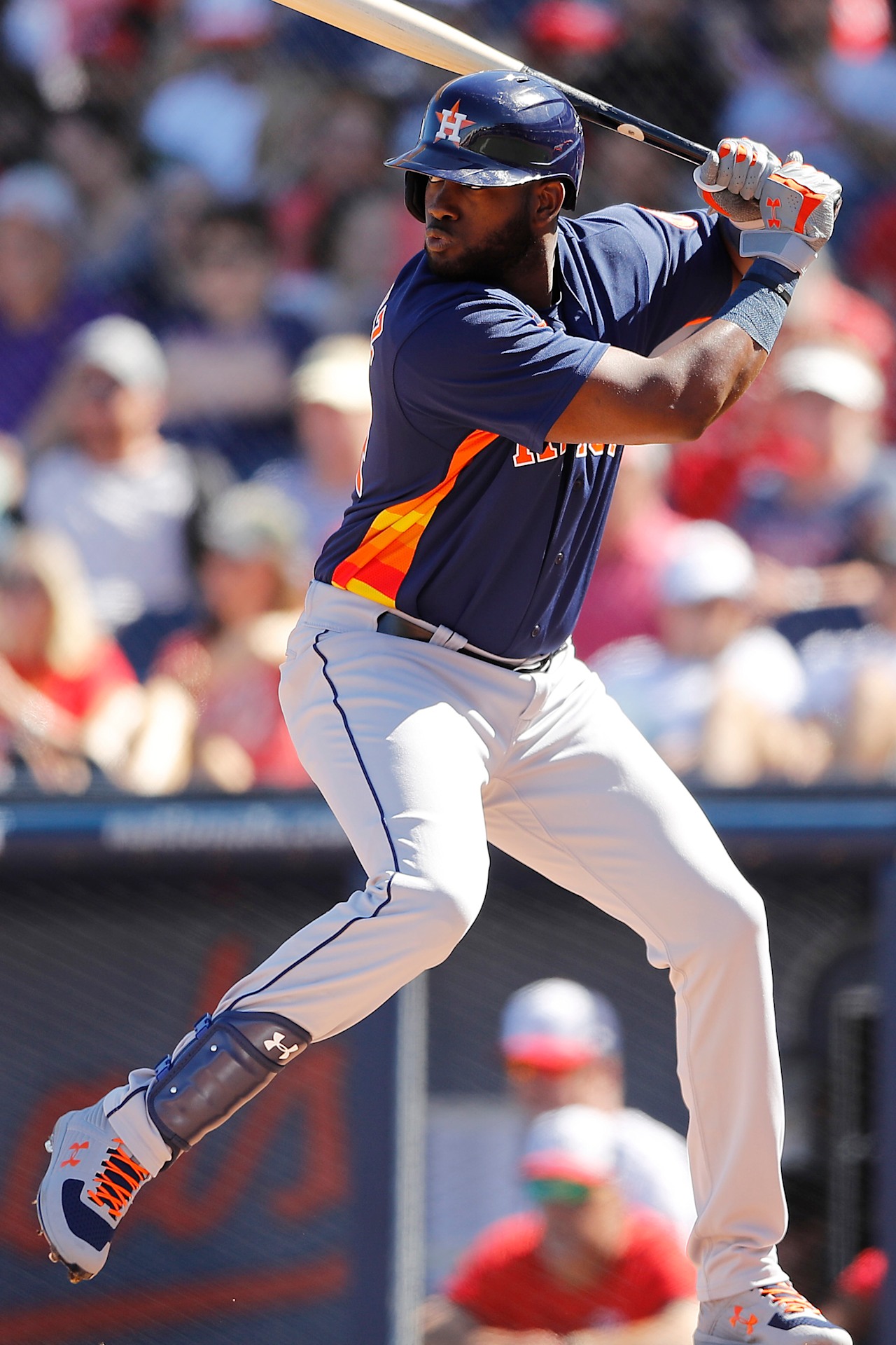 Houston Astros designated hitter Yordan Alvarez following through on a swing at Daikin Park, host of Sunday night's marquee game against Seattle