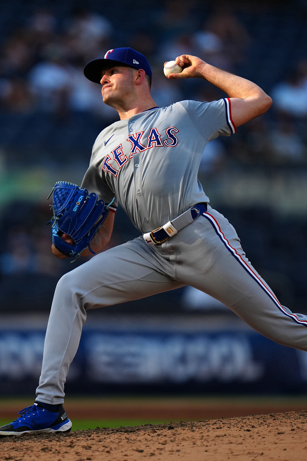 Texas Rangers left-hander Cody Bradford delivering a pitch, the starter returning from elbow surgery to face the San Francisco Giants at Globe Life Field