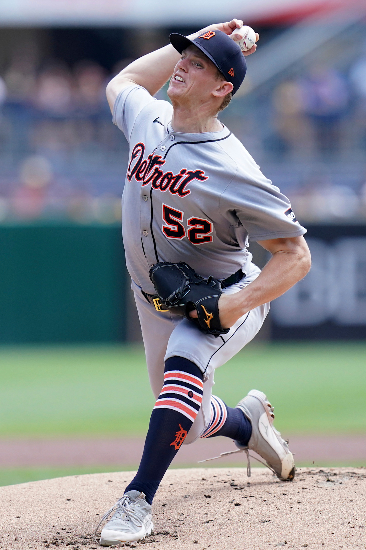 Detroit Tigers right-hander Troy Melton delivering a pitch, the starter carrying a 1.75 ERA into T-Mobile Park against Seattle