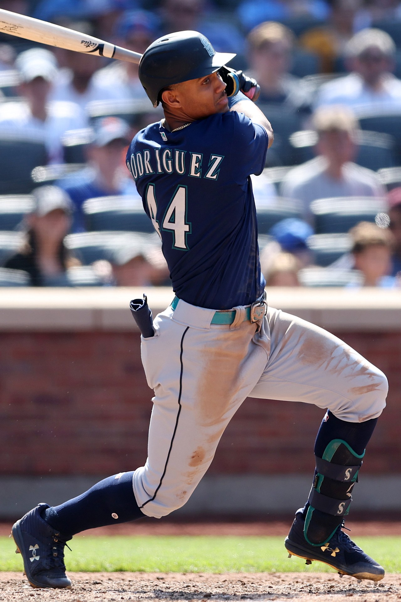 Seattle Mariners center fielder Julio Rodriguez at the plate at T-Mobile Park, where Seattle hosts Tampa Bay on Friday night