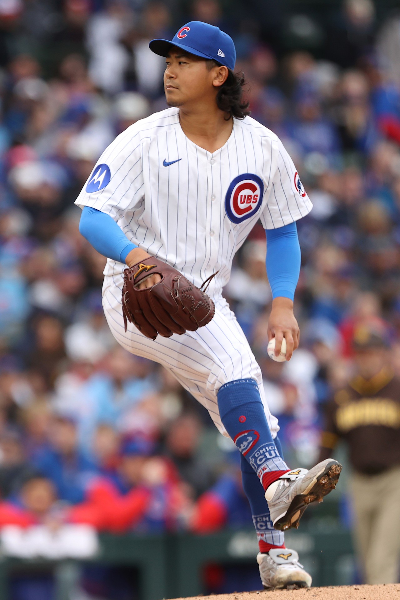 Chicago Cubs left-hander Shota Imanaga delivering a pitch at Wrigley Field before the Cubs host the Dodgers