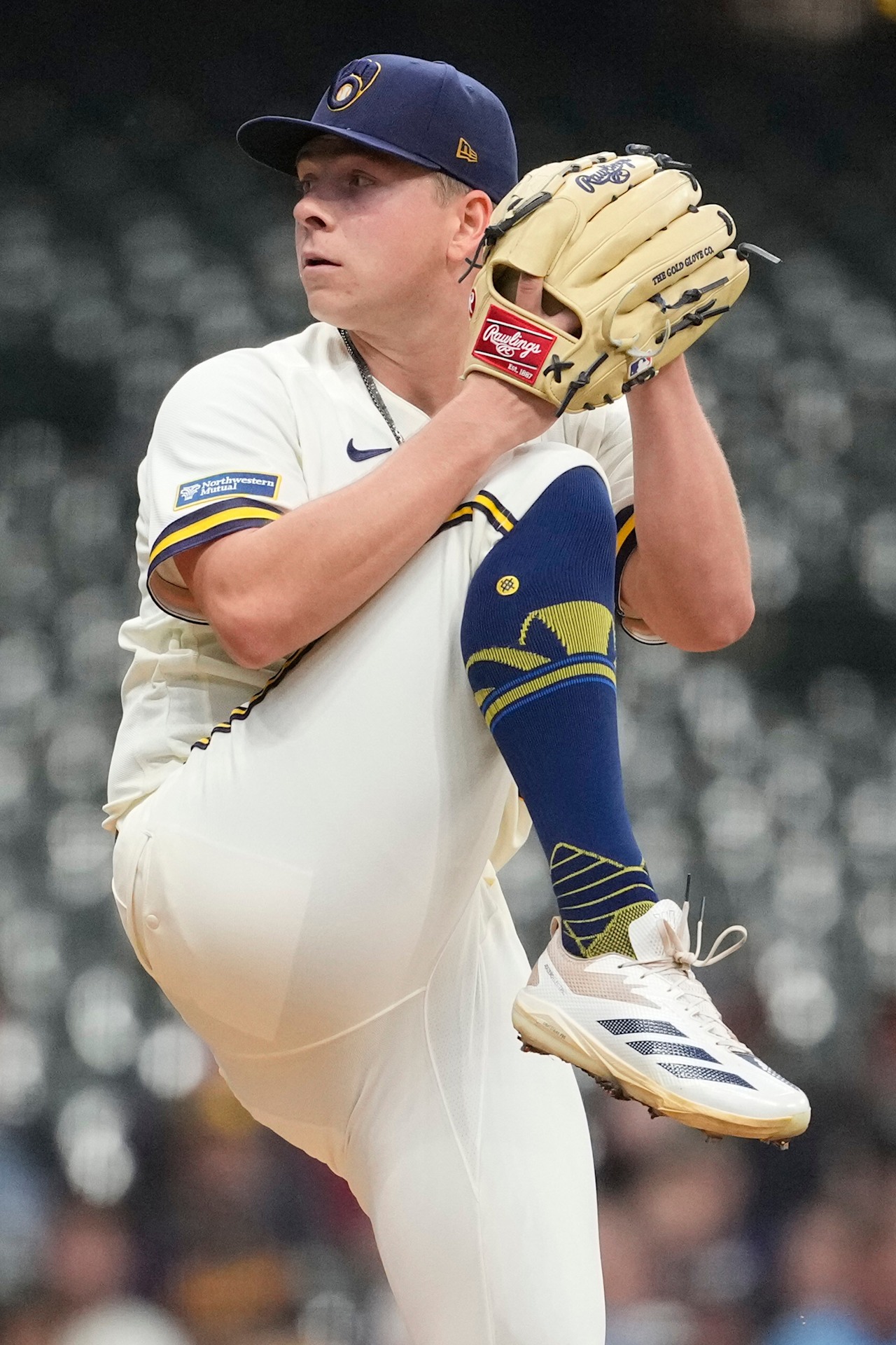 Milwaukee Brewers left-hander Kyle Harrison in his delivery at American Family Field, the starter returning from a month on the injured list against Pittsburgh