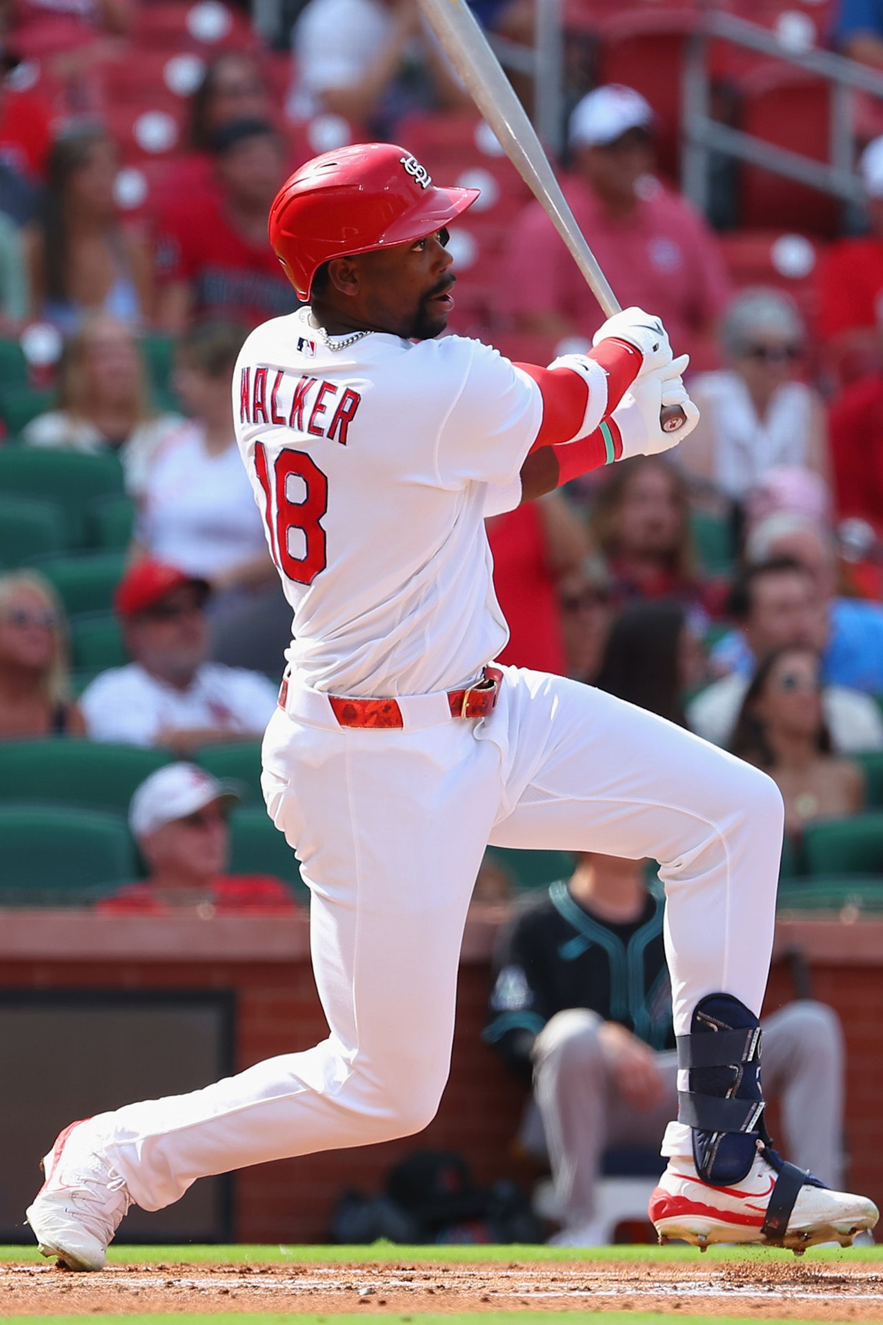 St. Louis Cardinals outfielder Jordan Walker following through on a swing, one of two Cardinals bats above 80 RBI entering Sunday's game at Wrigley Field