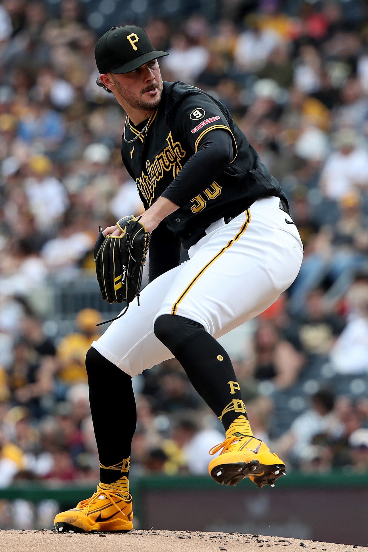 Pittsburgh Pirates right-hander Paul Skenes in his delivery, the starter carrying 156 strikeouts into American Family Field against Milwaukee