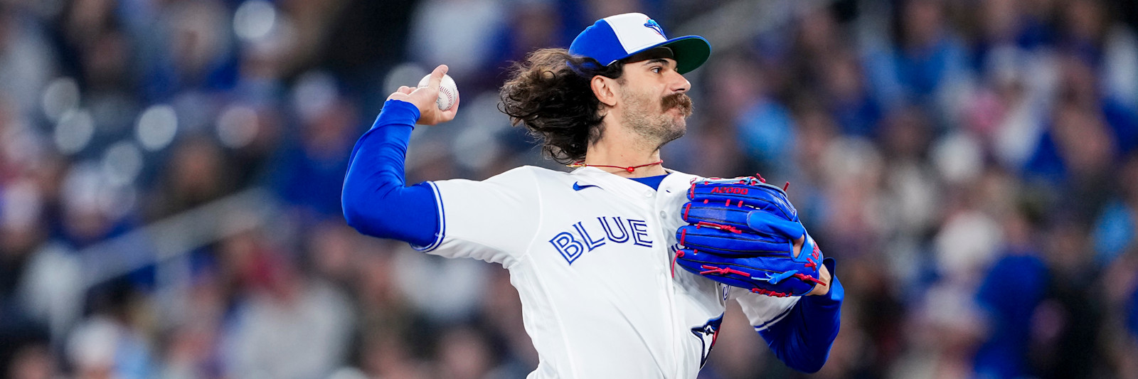 Toronto Blue Jays right-hander Dylan Cease in his delivery, the visiting starter in Saturday afternoon's marquee game at Yankee Stadium