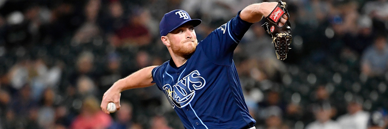 Tampa Bay Rays right-hander Drew Rasmussen in his delivery, the home starter against San Diego at Tropicana Field on Sunday afternoon