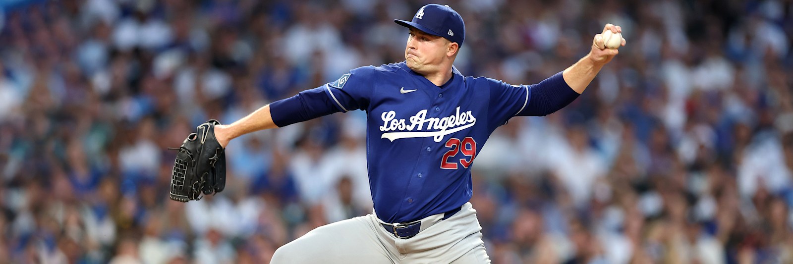 Left-hander Tarik Skubal in his delivery, the starting pitcher for the Los Angeles Dodgers against the Pittsburgh Pirates at Dodger Stadium