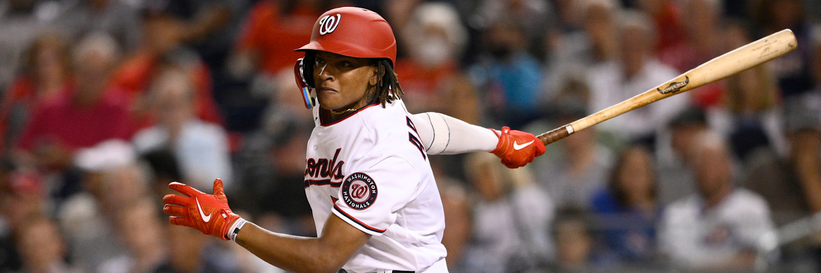 Washington Nationals shortstop CJ Abrams following through on a swing, the leading hitter in the highest scoring offense in Major League Baseball