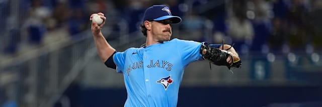 Shane Bieber, Toronto Blue Jays right-handed starting pitcher, on the mound