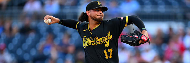 Jared Jones, Pittsburgh Pirates right-handed starting pitcher, firing a fastball on the mound