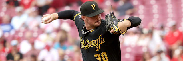Paul Skenes, Pittsburgh Pirates right-handed starting pitcher, delivering a pitch