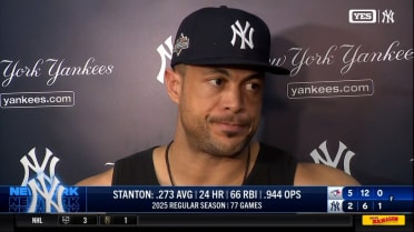 Giancarlo Stanton reacts to the ALDS loss to Toronto