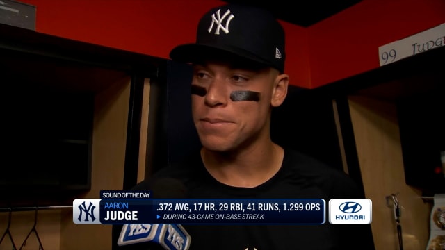 YES Network on X: Aaron Judge during current 15-game on-base streak: ⚾ BA  .308 (16/52) ⚾ HR 5 ⚾ RBI 14 ⚾ OBP .439 (29/66) ⚾ SLG .654 (34/52) #RiseUp  #SquadUp  / X