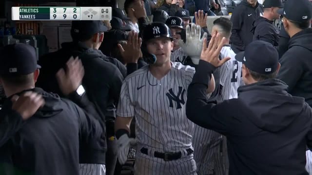 Jake Bauers of the New York Yankees celebrates his two run homerun