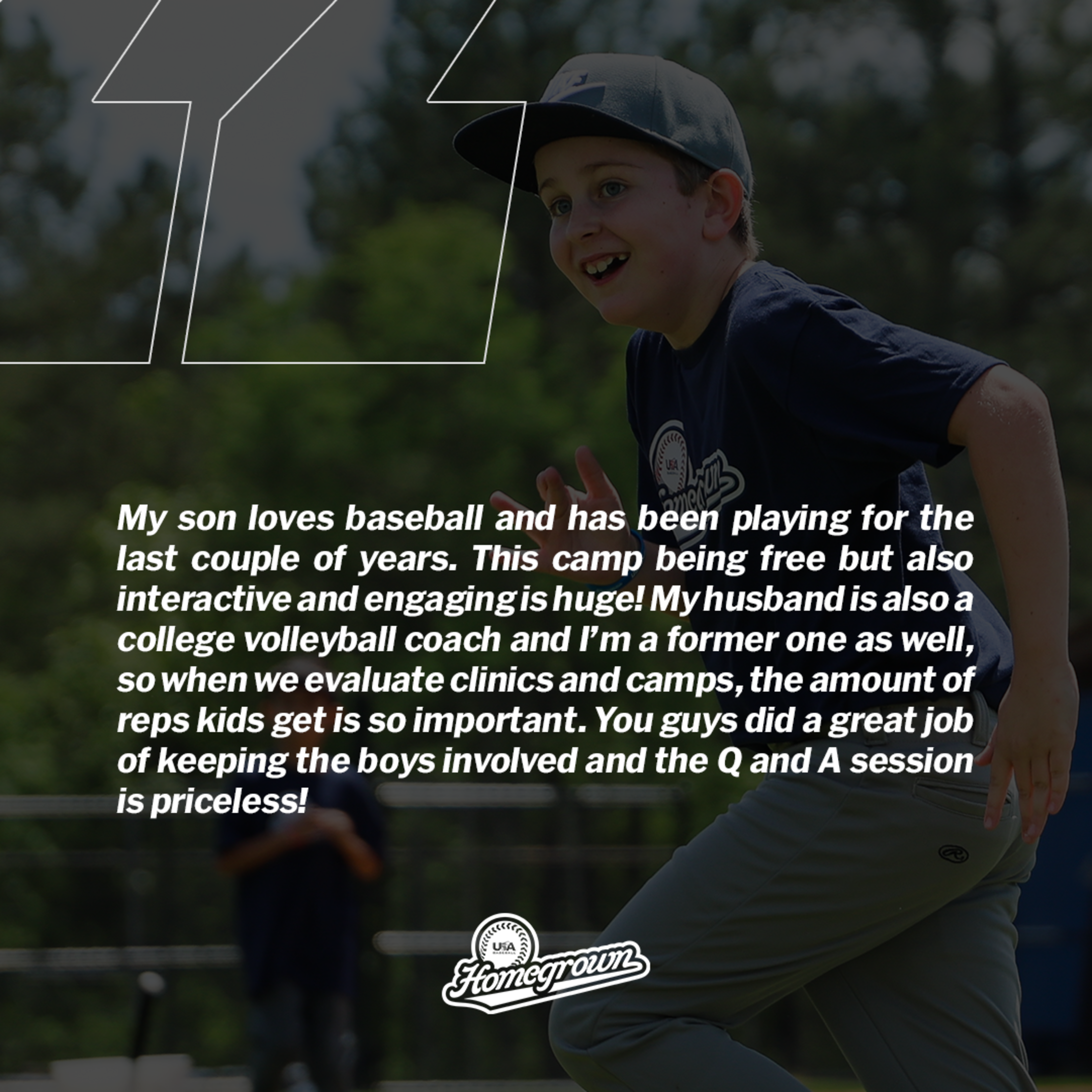 Testimonial text praising Homegrown event for keeping kids engaged during the session.