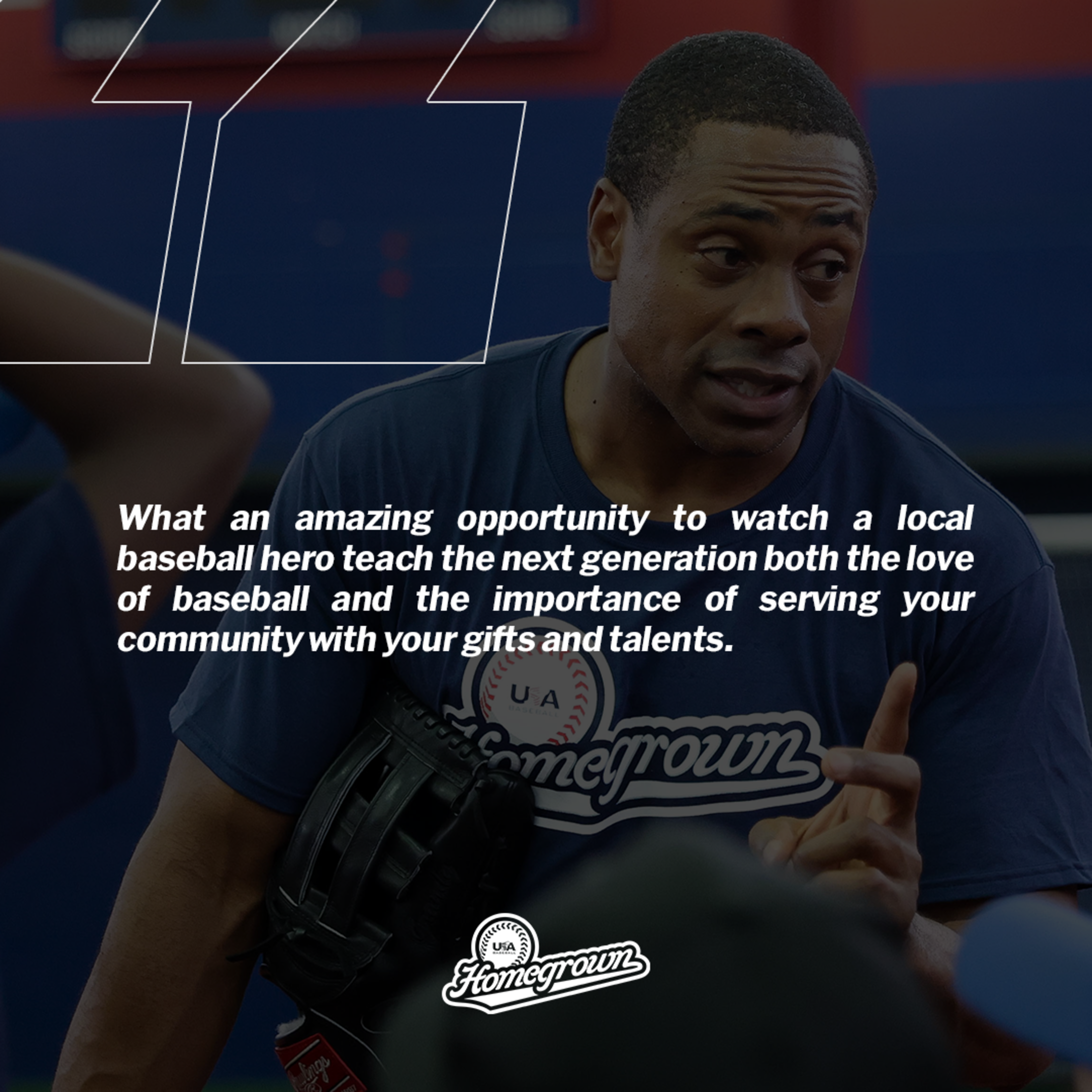Testimonial text praising Homegrown over an image of Curtis Granderson at an event
