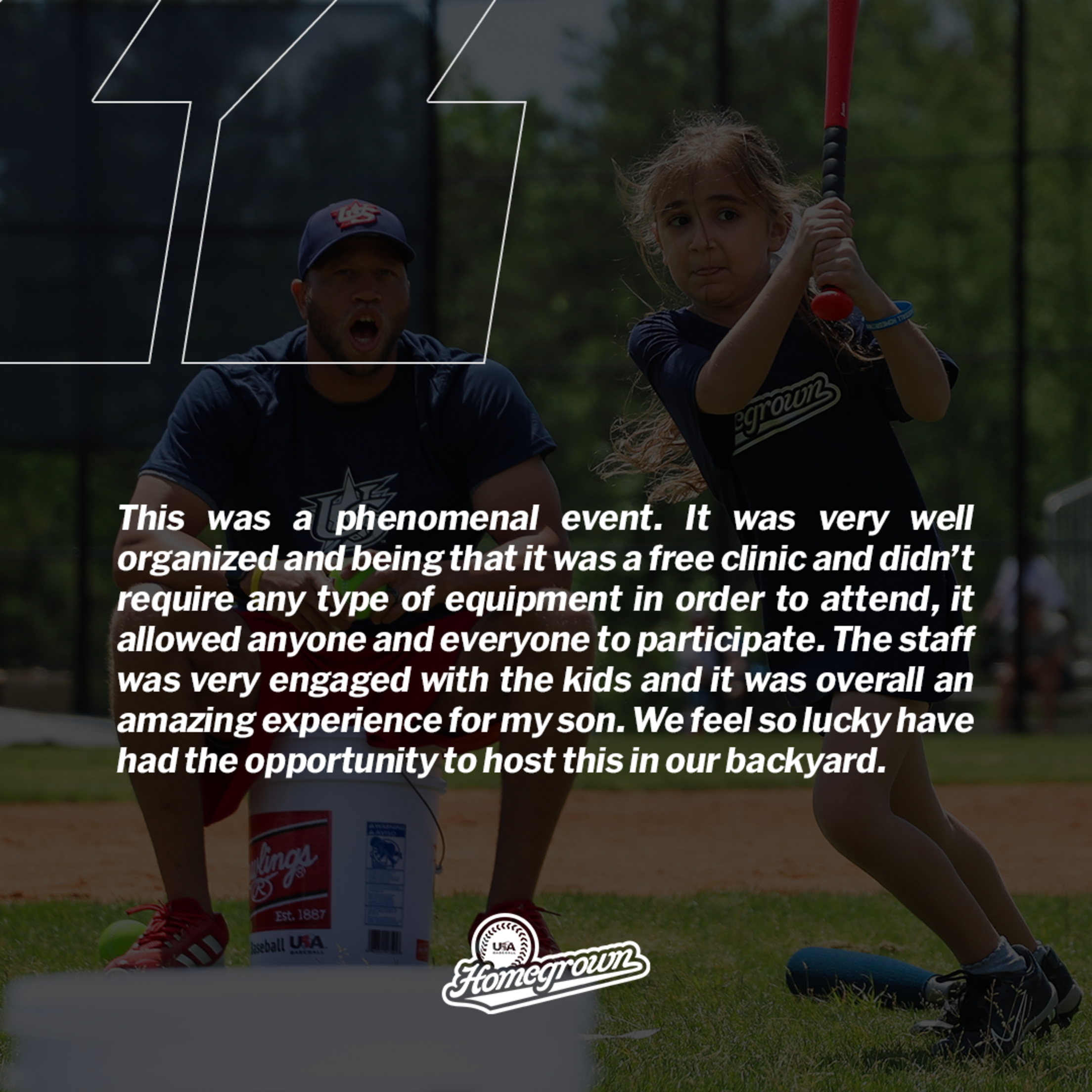 Testimonial text praising Homegrown event over a child hitting a ball.