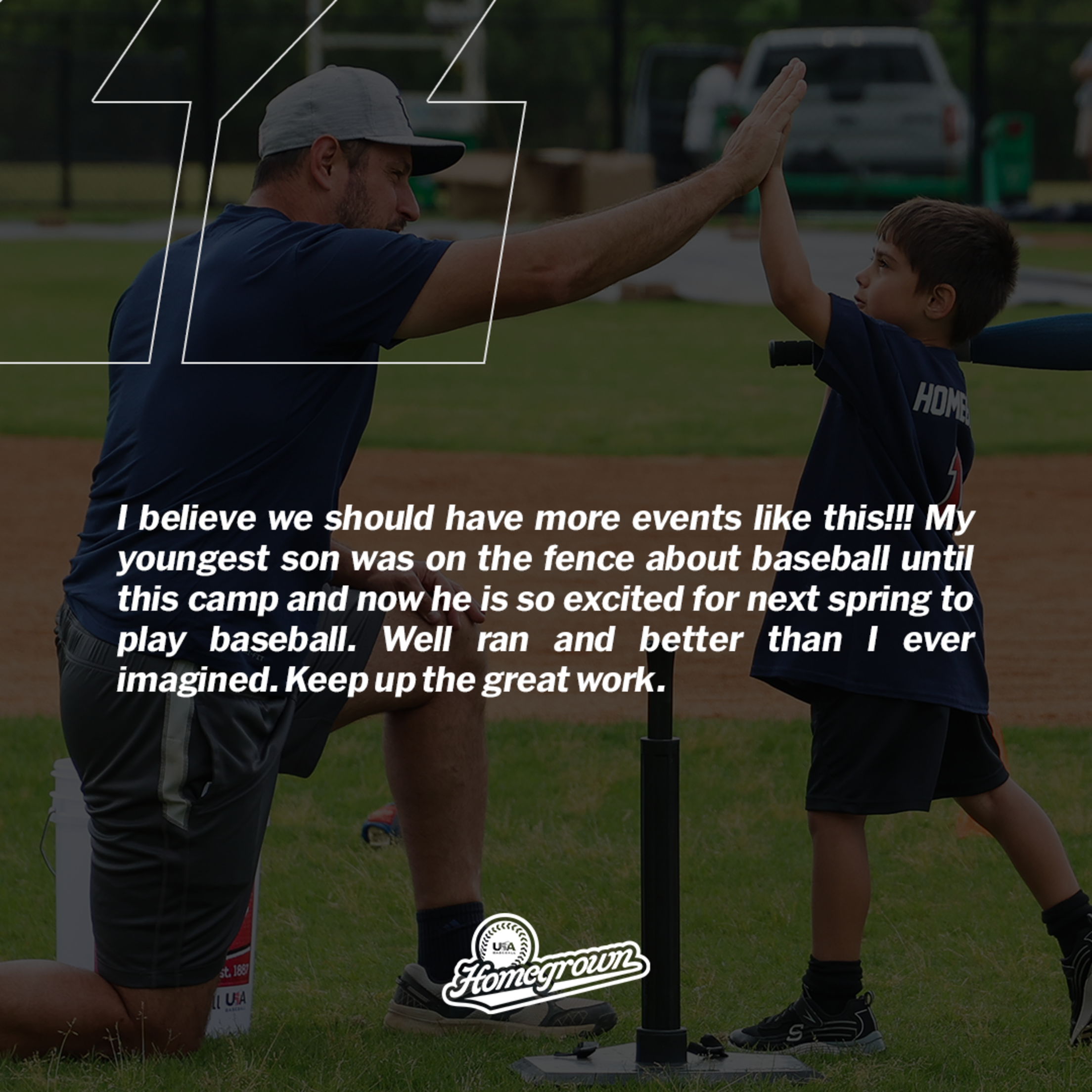 Testimonial text praising Homegrown event over an image of a kid high-fiving a player