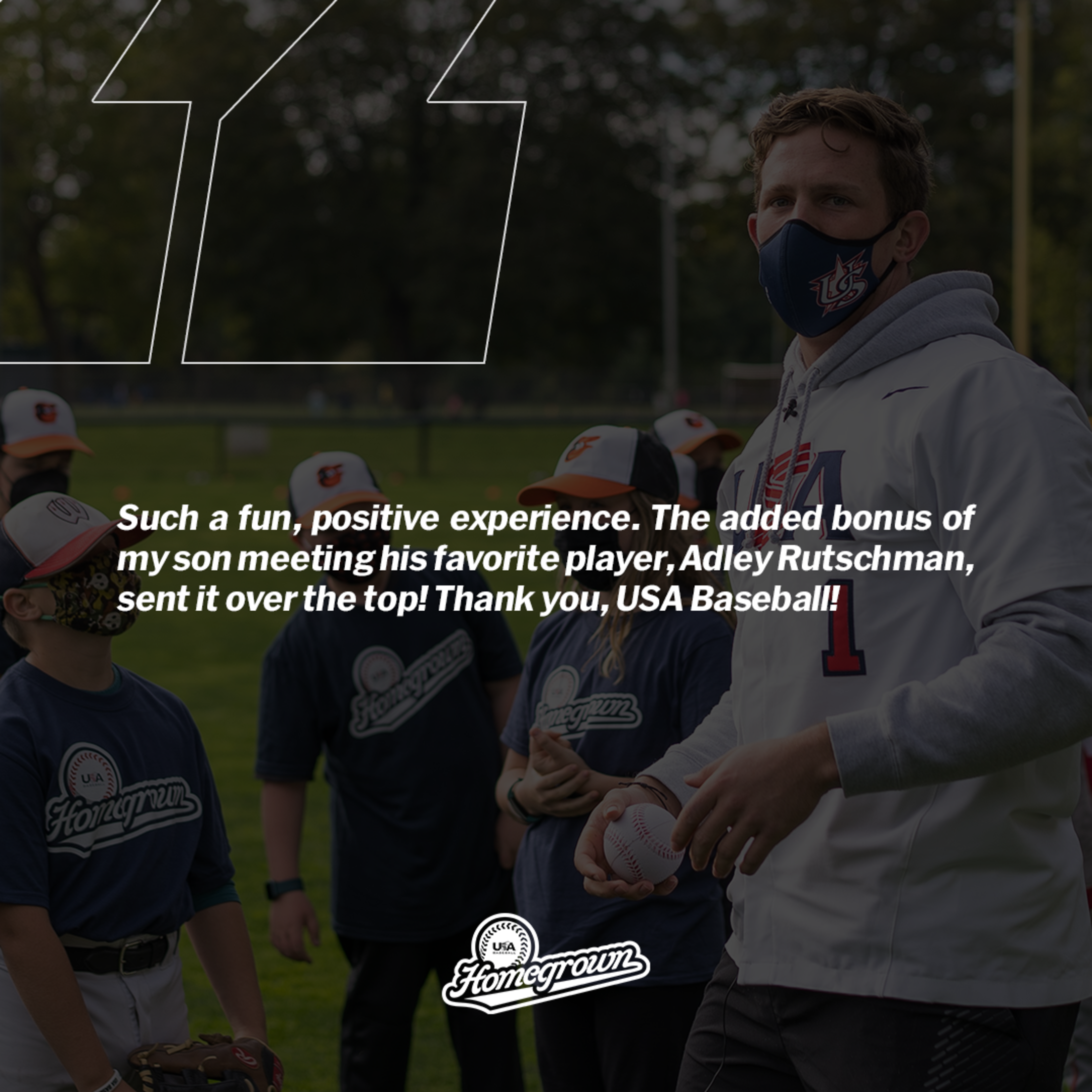 Testimonial text praising Homegrown event with Adley Rutschman over an image of Rutschman talking to group