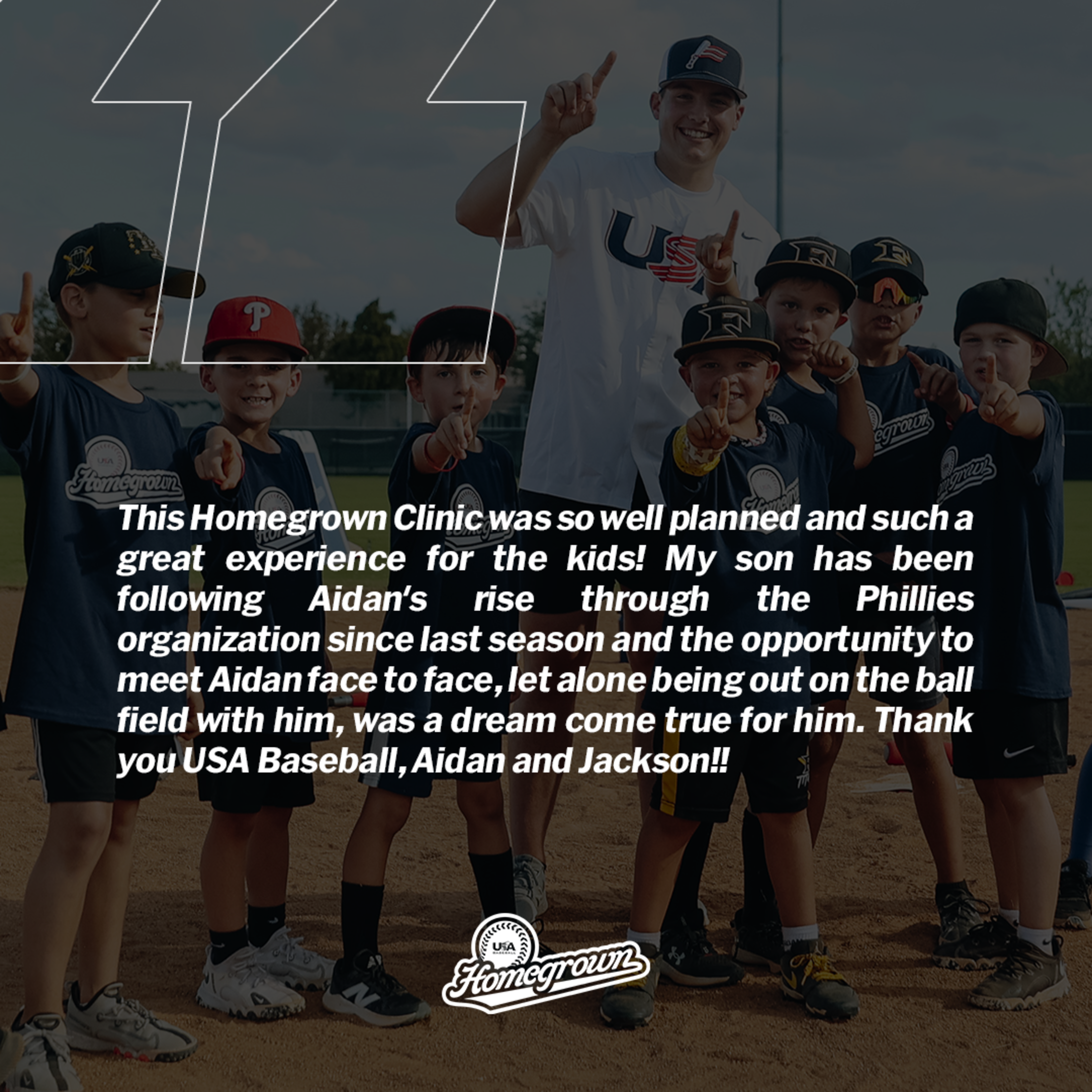 Testimonial text praising Homegrown event with Aidan Miller over an image of Miller posing with the kids at the event