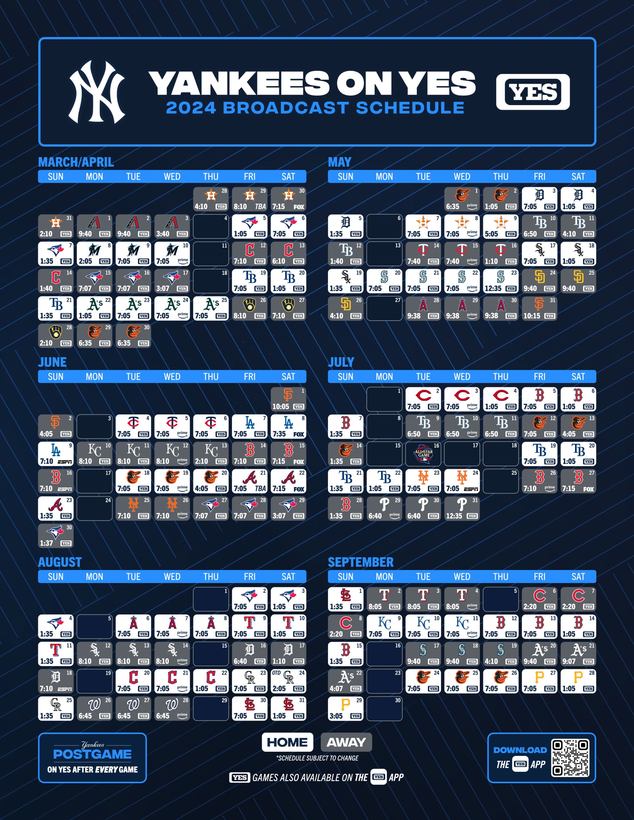 YES Yankees Broadcast Schedule YES Network