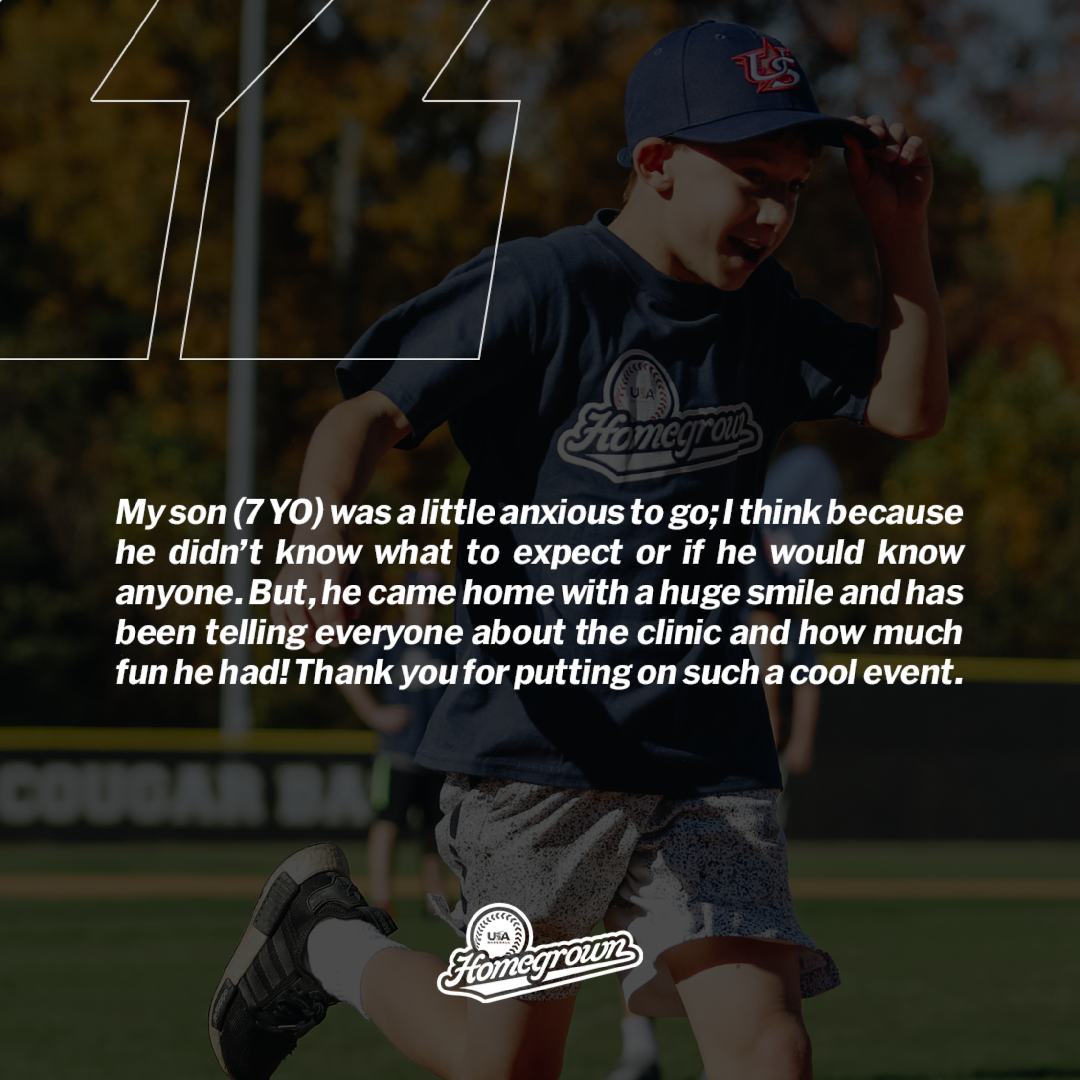 Testimonial text praising Homegrown event for how much fun the parent's seven-year-old son had.