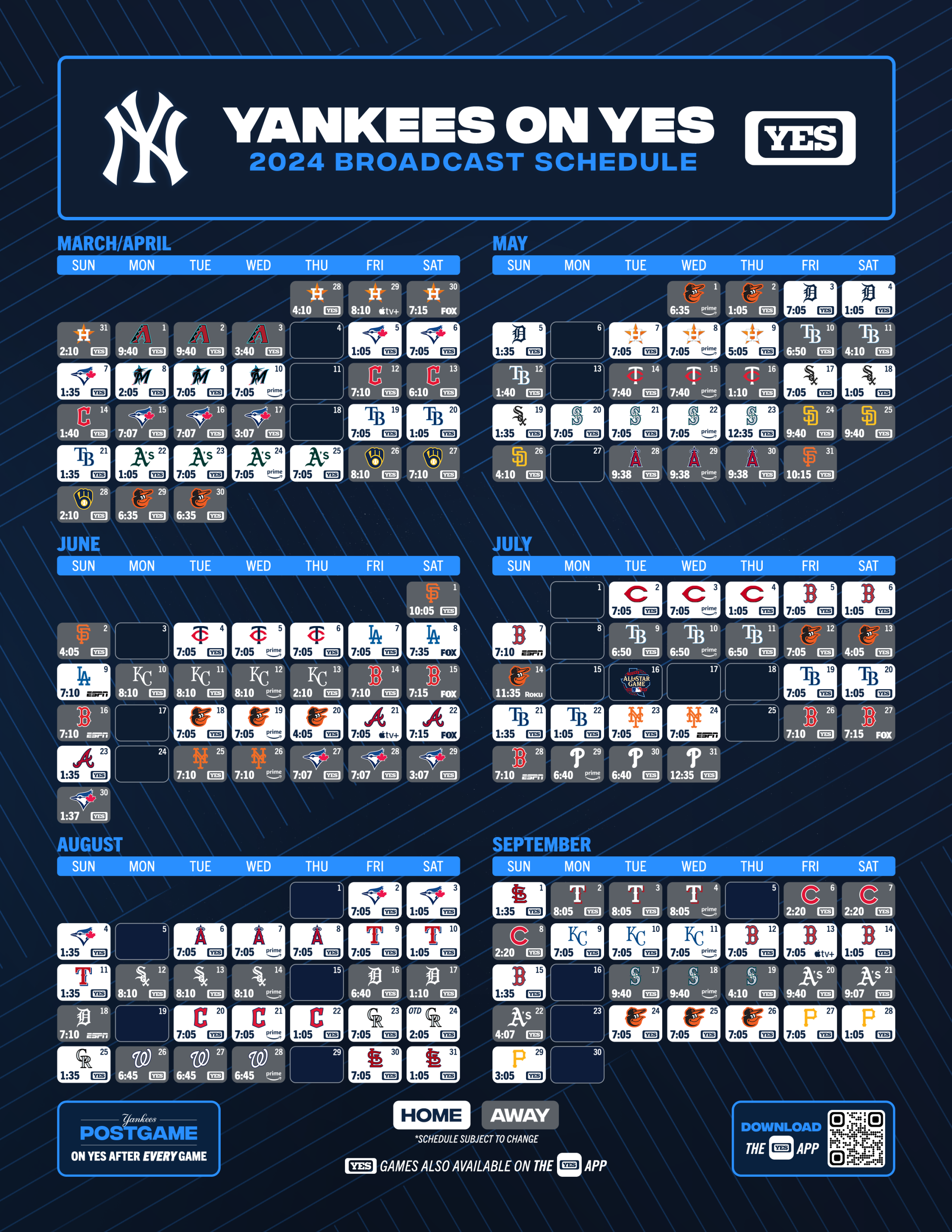 YES Yankees Broadcast Schedule YES Network