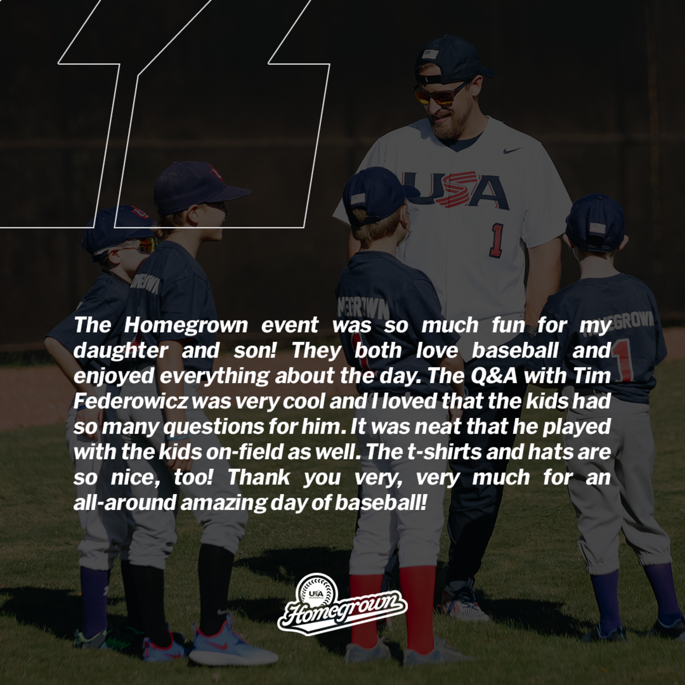 Testimonial text praising Homegrown event with Tim Federowicz over an image of Federowicz talking to kids.