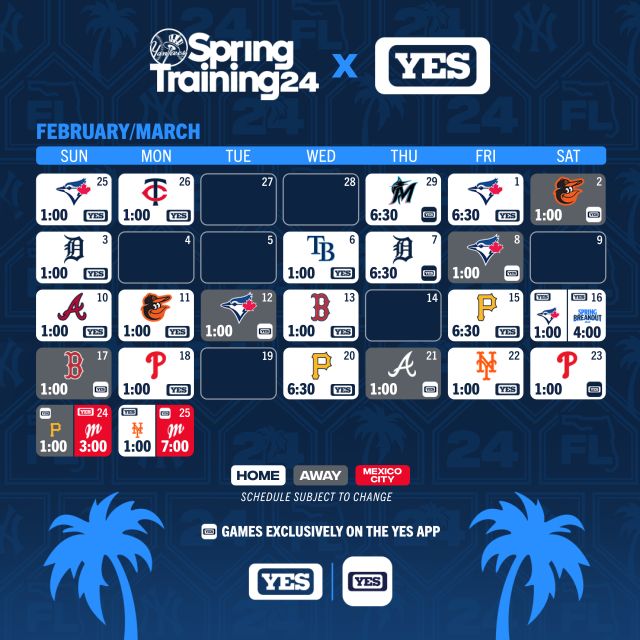 YES Yankees Spring Training Broadcast Schedule YES Network YES Network